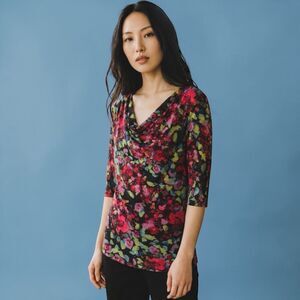 CYNTHIA ROWLEY Cowl Neck Top 3/4 Sleeves Floral Print on Black Background Sz M